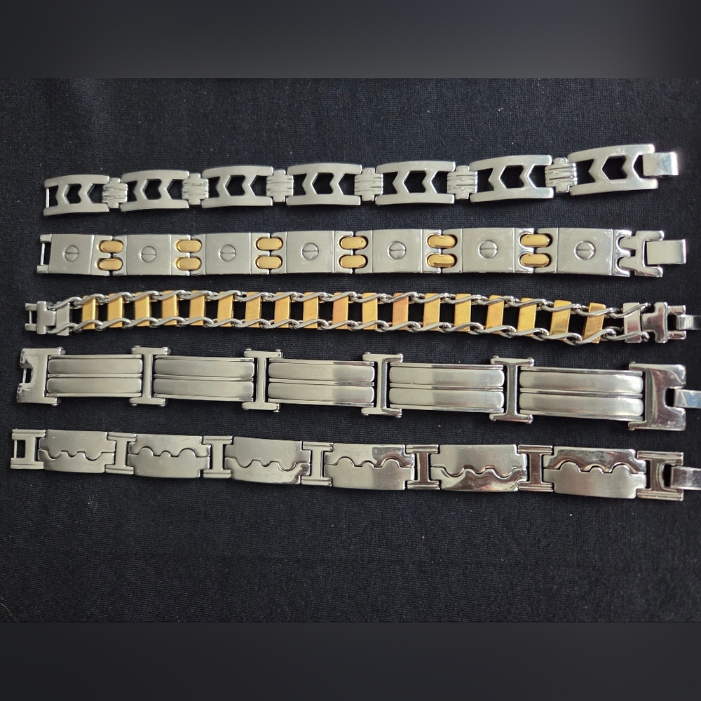 8.5”-9” 5 pcs Men's Silver and Gold Tone Stainless Steel Bracelet Lot